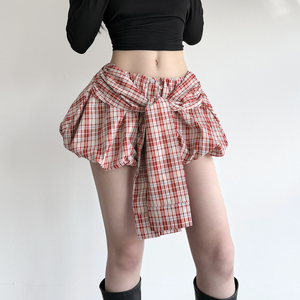 Jupe à carreaux rouges style urbain doux et épicé, jupe tulipe rétro avec détail de nœud, jupe décontractée tendance pour femme - Product Image 2
