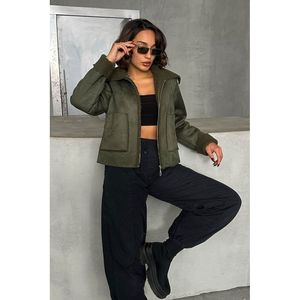TOPSHOW Women's Khaki <b>Suede</b> Plush Lined Winter <b>Jacket</b> - Warm and Stylish Outerwear Coat for Autumn and Winter - Product Image 1