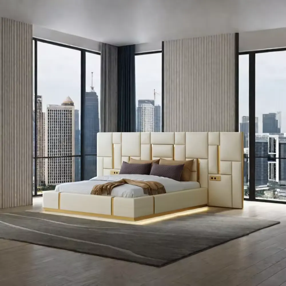 Desain populer harga murah set tempat tidur dapat disesuaikan katun ukuran Ratu kayu ranjang penuh untuk dewasa