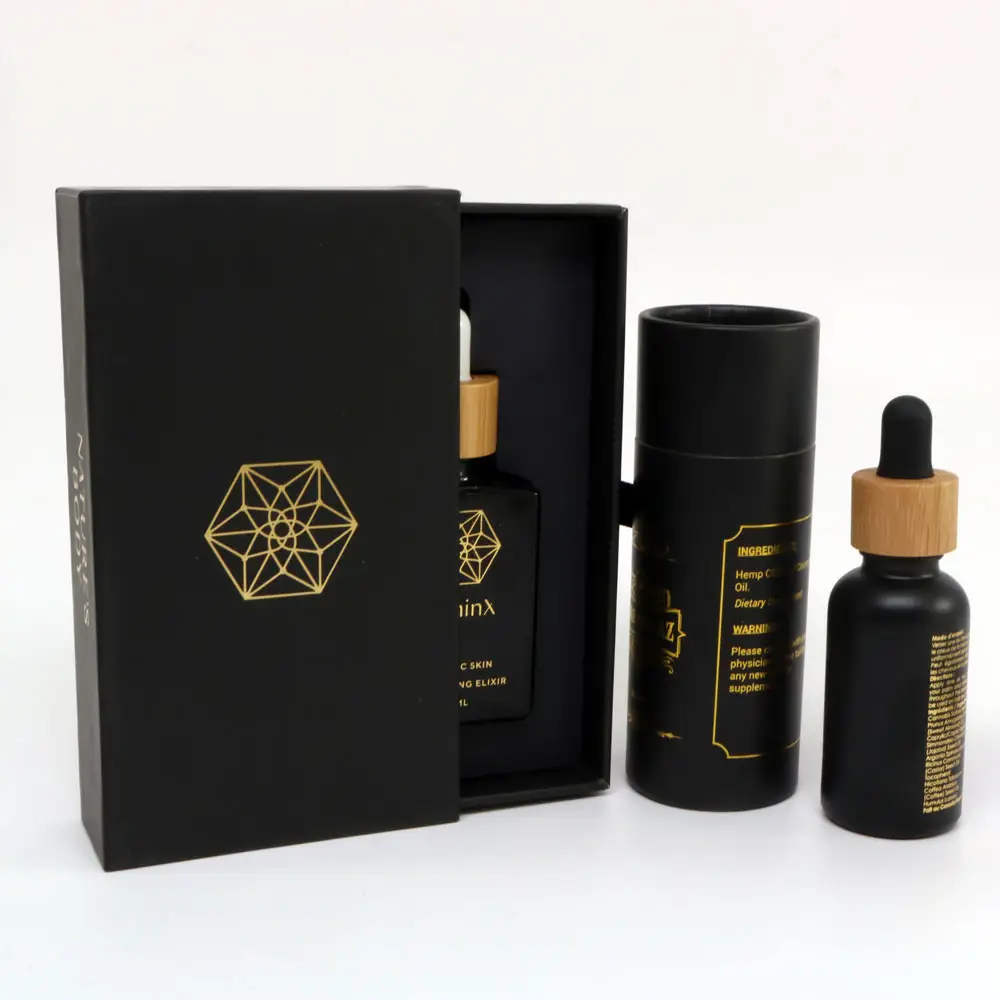 Luxury cosmetic packaging 1oz 30ml 50ml black essential oil serum bottle glass dropper bottles with paper box
