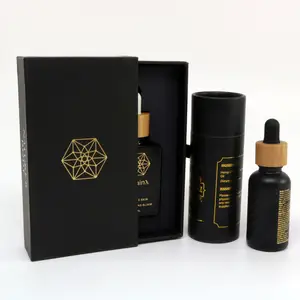 Luxury cosmetic packaging 1oz 30ml 50ml black essential oil serum bottle glass dropper bottles with paper box