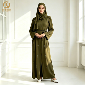 Abaya Ouverte en Mousseline <span class=keywords><strong>Kaki</strong></span> avec Fines Broderies Florales Style Décontracté Taille Naturelle Respirante Antistatique Écologique - Product Image 2