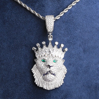 Nouveau Collier Pendentif Tête de Lion Couronne en Laiton Massif Tendance Hip Hop, Entièrement Sertie de Zircone Cubique, Bijoux de Rappeur, Vente en Gros
