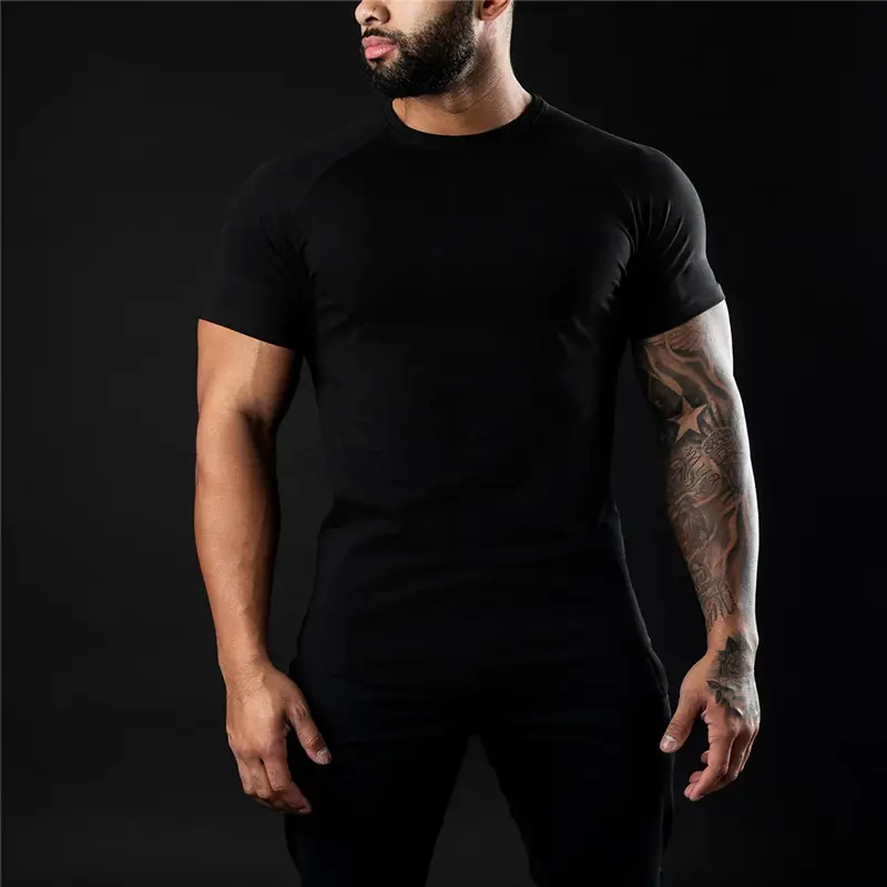 YJL sólido Slim Fit Fitness manga corta cuello redondo Camiseta para Hombres estilo americano Casual transpirable camiseta para hombres