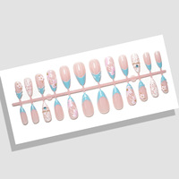 24 faux ongles à presser, forme amande, bleu, French manucure, motif dentelle et fleurs de cerisier, avec lime à ongles, vente en gros, dropshipping
