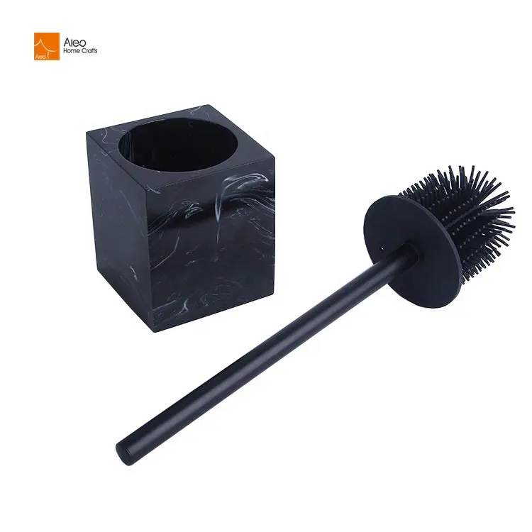 Black Marble Resin Toilet Brush Holder With Metal Handle Silicone Brush Head