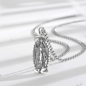 Merryshine 925 Sterling Silver Pulsera De <span class=keywords><strong>La</strong></span> Patron Amulette Médaille Saint Santa Muerte Jésus Crâne Charme Pendentif Collier pour Hommes - Product Image 3
