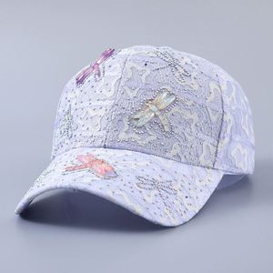 Gorra de Béisbol de 6 Paneles con Diseño de Libélula y Encaje, Tejido de Malla Transpirable, Visera Curva Ajustable, con Pedrería - Product Image 3