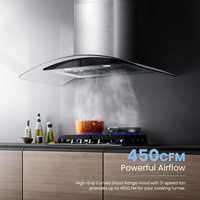 Campana extractora de pared de acero inoxidable plateado con arco de vidrio, 90 cm, control táctil, 1400 m³/h, chimenea extensible con ventilación