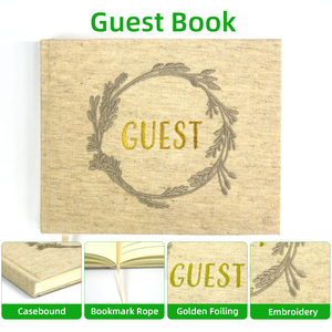 Lujo personalizado oro frustrado cubierta de lino bordado boda <span class=keywords><strong>libro</strong></span> de invitados con caja de papel y pluma - Product Image 3