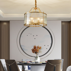 Lustre moderne en laiton et verre, luminaire suspendu <span class=keywords><strong>LED</strong></span> <span class=keywords><strong>E14</strong></span>, verre nervuré en forme de tambour, lampe de plafond pour salle à manger, bureau, décoration intérieure - Product Image 2