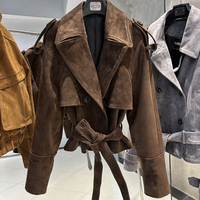 Veste en cuir grainé noir à ceinture pour femme, veste courte en cuir véritable, manteau d'automne