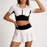 Combinaison de yoga de style tennis américain à col polo pour femme, couleur contrastée, manches courtes, jupe courte, séchage rapide, tenue de fitness et d'exercice