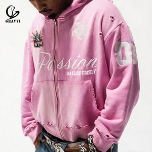 Sweat à capuche oversize rose délavé vintage en polaire avec broderie patchwork, style streetwear, pour hommes et femmes, conception personnalisée OEM ODM - Product Image 2