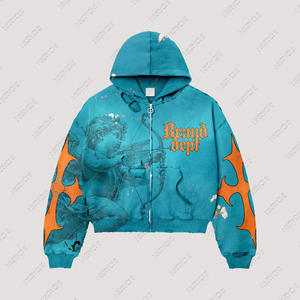 Sweat à capuche imprimé délavé à l'acide, 100% coton, effet vieilli, streetwear pour homme, fermeture éclair, imperméable, surdimensionné, lourd, appliqué vintage - Product Image 3