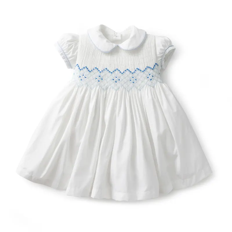 Gaun berasap buatan tangan desain 2024 untuk anak-anak butik bayi perempuan gaun Smocking putih pakaian kerah Peter Pan lengan Puff