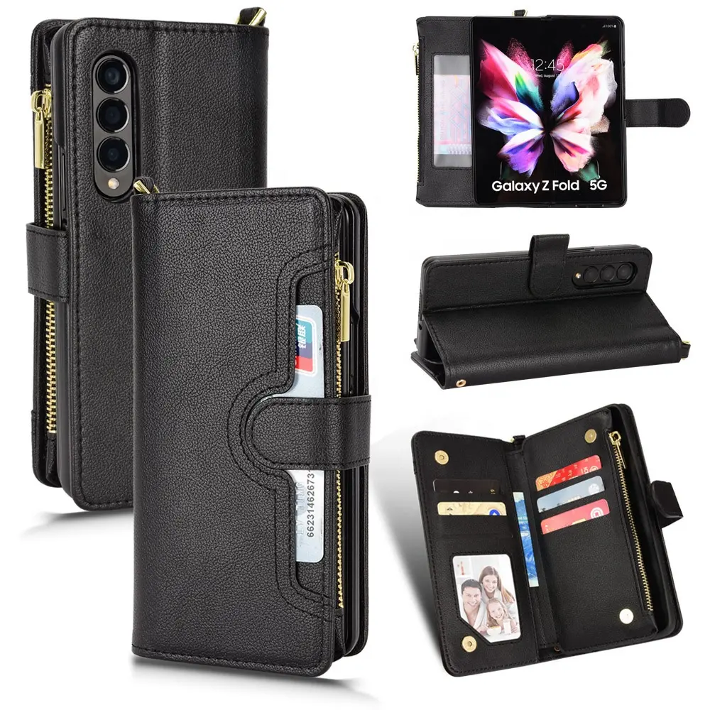 Para Samsung Galaxy Z Fold5 & 3 & Fold 4 5G 7,6 "Premium Leather Zipper Wallet Leather Flip Multi-card slot Cover Phone case