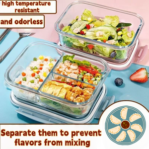 Nuevo diseño Venta caliente Respetuoso con el medio ambiente Vidrio de borosilicato alto Contenedor de almacenamiento de alimentos de <span class=keywords><strong>3</strong></span> compartimentos Caja de almuerzo Tapa de bloqueo - Product Image 2