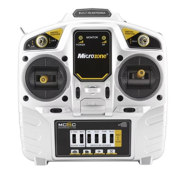 Microzone Professional 6-Channel 2.4GHz RC Drone Radio Transmitter with 800m Range MC6C 4xAA/Lipo Power Black/Silver