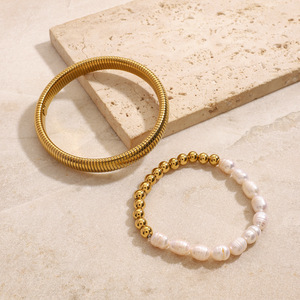 Luxury Waterproof 18K Gold Plated Stainless Steel Pearl <b>Bracelet</b> <b>Snake</b> Bone <b>Chain</b> Stretch Gift Jewelry - Product Image 5