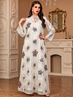 Abaya décontractée de luxe en polyester et mousseline, broderie florale à sequins, col montant, manches évasées, style Dubaï, Kaftan musulman, pour fête de l'Aïd, tenue modeste