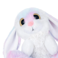 OEM & ODM Lapin en peluche mignon avec de longues oreilles tombantes et de grands yeux arc-en-ciel, animal en peluche doux, compagnon de lit adorable