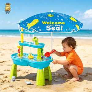 Table de jeu sensoriel extérieure 3 niveaux avec parasol, thème crocodile et dauphin, pour tout-petits, idéale pour la plage, vente en gros OEM - Product Image 1