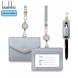 Factory Office Badge <b>Holder</b> High Quality Genuine Leather Credit <b>ID</b> Card <b>Holder</b> with Stretch Neck Lanyard and Pen Clip - Product Image 1