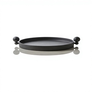 Factory Direct Cast Aluminum Round Matte <b>Black</b> Metal Serving Tray Sphere Handle Design Food Display <b>Plate</b> Hotel Restaurant - Product Image 1