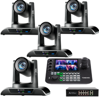 4 cámaras PTZ NDI 4K con zoom 20X y seguimiento por IA, HDMI, USB, LAN + controlador de joystick con pantalla dividida en 4 + interruptor POE