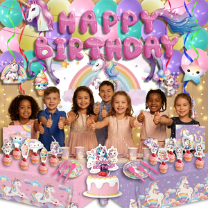 Kit de Fiesta de <span class=keywords><strong>Cumpleaños</strong></span> Unicornio Arcoíris de un Solo Clic, 45 Piezas, Juego Completo con Pancarta, Globos, Vajilla, Artículos para el Primer <span class=keywords><strong>Cumpleaños</strong></span> de Niños - Product Image 1