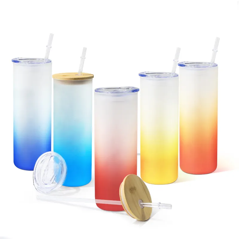 AGH USA Warehouse Sublimation Blanks Glass Jar Frosted Gradient Color DIY Sublimation Beer Can Glass Tumbler with bamboo lid