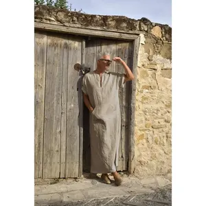 Robe en lin à col en V pour <span class=keywords><strong>homme</strong></span>, manches courtes, kaftan, thobe, longue tunique décontractée pour la plage, l'été, OEM/Personnalisé - Product Image 1