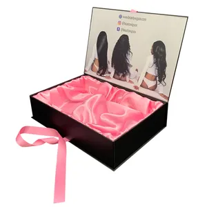 Boîtes d'emballage de perruque avec Logo personnalisé noir, 50 pièces, emballage de cheveux naturels et vierges, coffret cadeau en Satin avec ruban, vente en gros