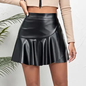 2023 rok PU A-line pinggang tinggi untuk wanita ruffle kasual warna Solid musim gugur musim dingin rok kulit wanita mode seksi Faldas