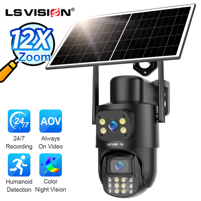 LS VISION 2K 4MP 12X Zoom Dual Lens 4g Sim Card Outdoor Auto Tracking CCTV Solar PTZ Security Surveillance Camera
