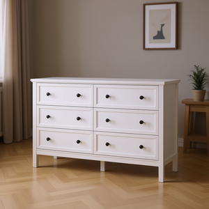 Commode moderne à 6 tiroirs en bois blanc avec poignées noires, meuble de rangement pour chambre à coucher - Product Image 2