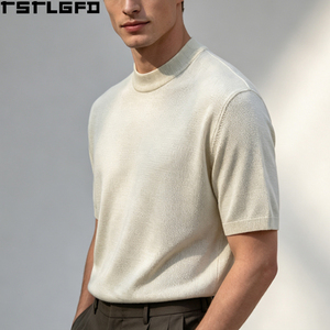 Custom Old Money Mock Neck Knit <b>T</b>-<b>Shirt</b> Men <b>Cream</b> Short Sleeve Slim Fit Ribbed Wholesale Bulk - Product Image 4