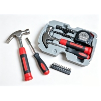 Kit d'outils de réparation portable pour la maison avec marteau, ruban à mesurer, tournevis, rallonge de poignée et embouts pour l'assemblage de meubles