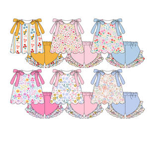 Conjuntos de Shorts Casuales para Niñas con Estampado Floral de Jardín, Transpirables, de Lana Peinada, para Verano y Primavera, con Diseños de Borde Festoneado, para Hermanas - Product Image 4