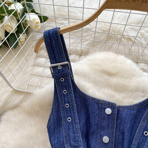 2025 francés Vintage Denim Pinafore <span class=keywords><strong>mujer</strong></span> verano correas ajustables botón abajo cintura <span class=keywords><strong>vestido</strong></span> ajustado - Product Image 6
