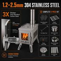 Poêle à bois de camping en acier inoxydable 304 avec kit d'accessoires pour camping-car et extérieur, prix usine, MOQ