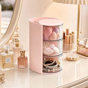 Rotating Desktop Beauty Makeup Organizer Dustproof Puff <b>Storage</b> Box with Egg Air <b>Cushion</b> & Lipstick Makeup Brush Rack - Product Image 2