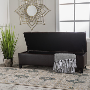 Modern Dark Brown Faux Leather Tufted Convertible Storage Ottoman Bench for Living Room Bedroom Entryway-Bedroom Furniture - Product Image 4