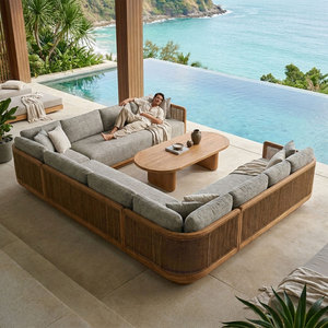 Muebles de Jardín Curvos de Teca Contemporáneos de Alta Gama, Resistentes al Agua, Juego de Sofás Modulares de Olefina para Exteriores, para Villa - Product Image 4