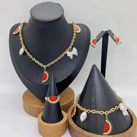 Populaire Kersen Watermeloen Aardbei Ananas Rvs Ketting Oorbellen Armband Ring 4 Stuks Sieraden Set Voor Vrouwen