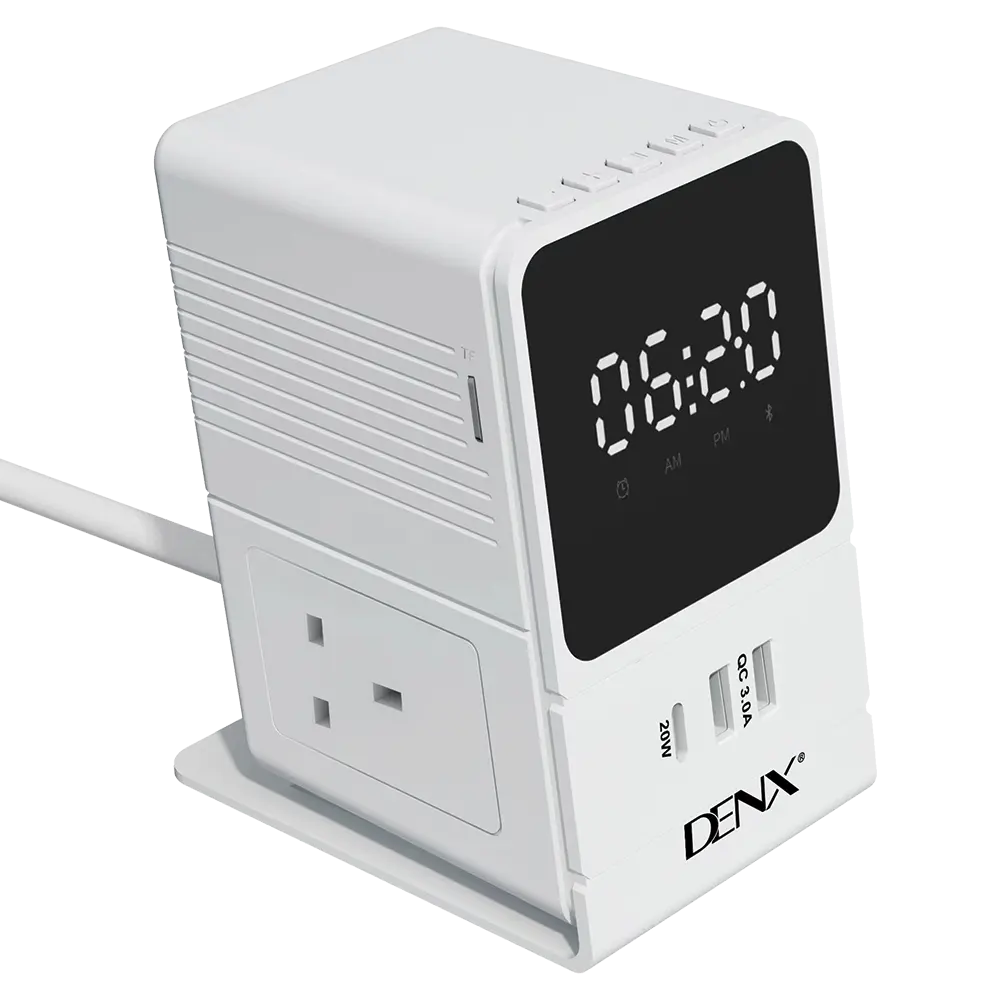 DENX DX827 çok fonksiyonlu 2 PD hızlı şarj çift USB İngiltere tipi priz saat Alarm ayarı Bluetooth hoparlör masaüstü şarj güç Hub