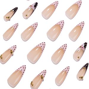 Uñas Postizas Francesas 3D Laisense <span class=keywords><strong>con</strong></span> Diseño de Puntos, Diamantes <span class=keywords><strong>Brillantes</strong></span> y Flores, Uñas Almendradas Largas y Puntiagudas, Venta al Por Mayor - Product Image 3