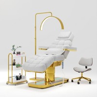 Lit de massage électrique moderne gris en PU avec base dorée et tabouret assorti - Lit de salon de luxe réglable pour salon/chambre