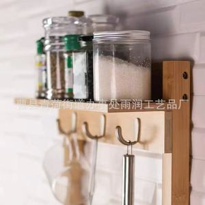Wooden <b>Wall</b> <b>Mounted</b> <b>Shelf</b> 3 Tier Multi Functional Storage Rack With Hooks For Kitchen Spice Organizer And Utensil Holder - Product Image 3